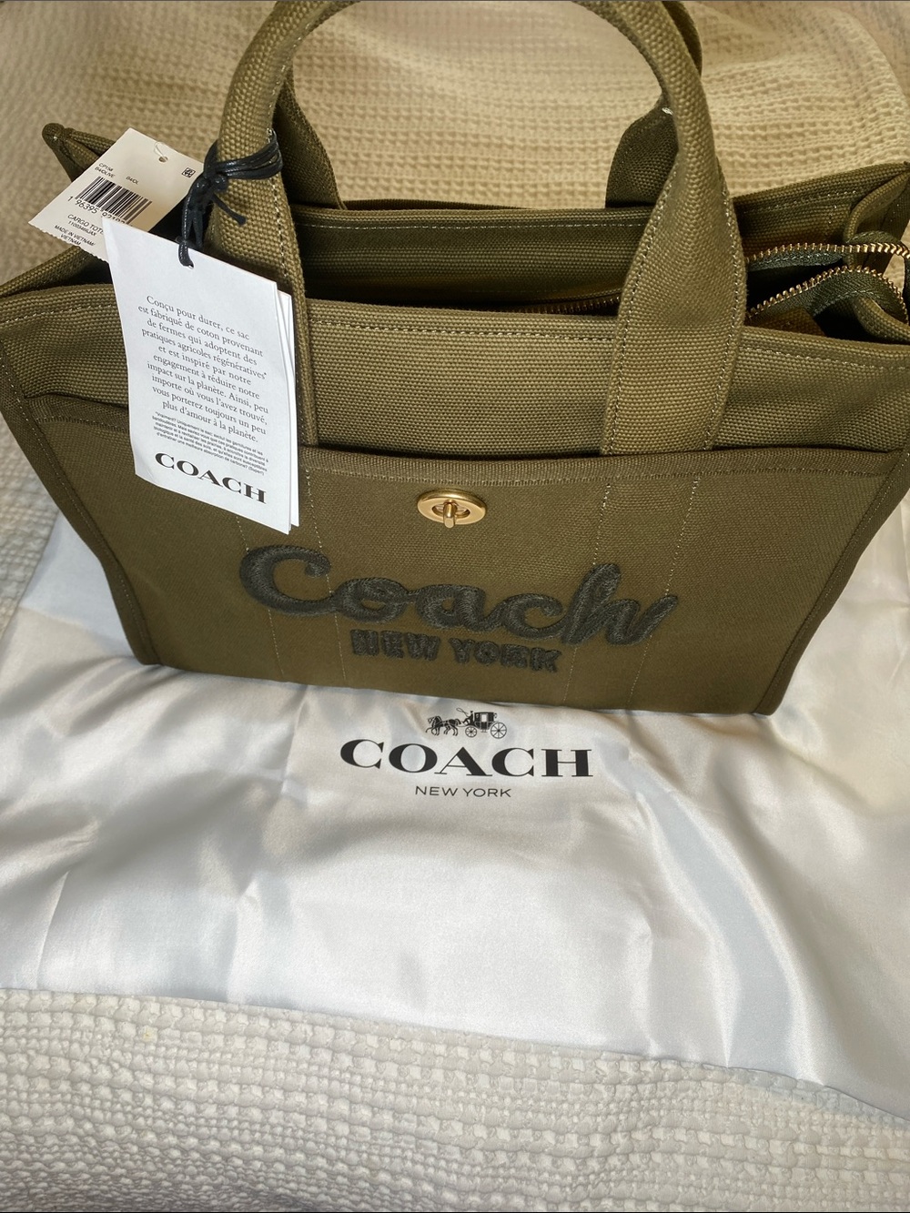 NWT Coach Olive Green Cargo Canvas Top-Handle Tote with Embroidered Logo✨